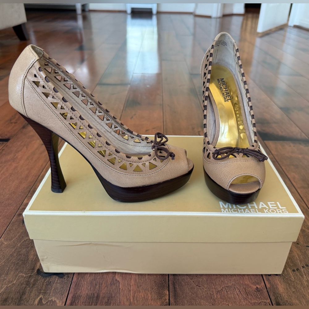 Michael Kors Naples Platform Beige Cutout Peep-Toe Heels